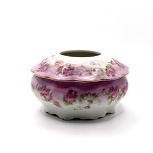 Vintage 1900s Pink White Hand Painted Porcelain Rose Scalloped Hair Receiver